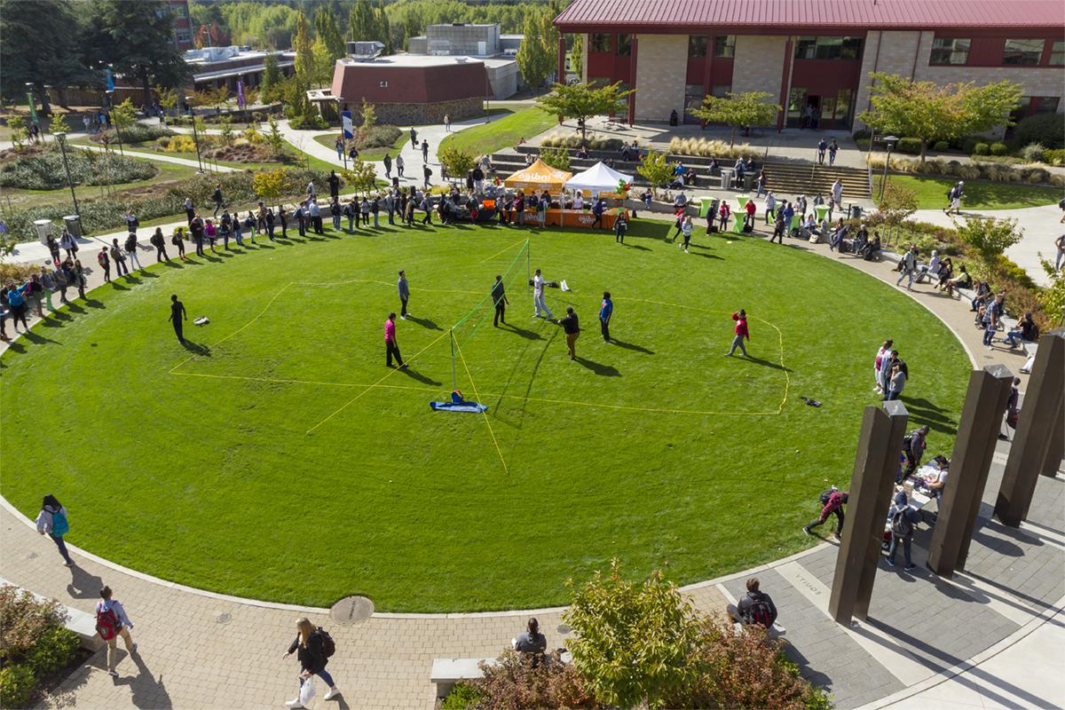 Aerial view of a crowd on the Campus Commons